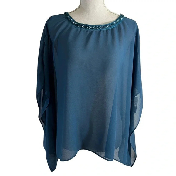 Dana Kay Womens Blouse Plus Size 16W Sheer Beaded Batwing Sleeves Detailed Top - Picture 1 of 11